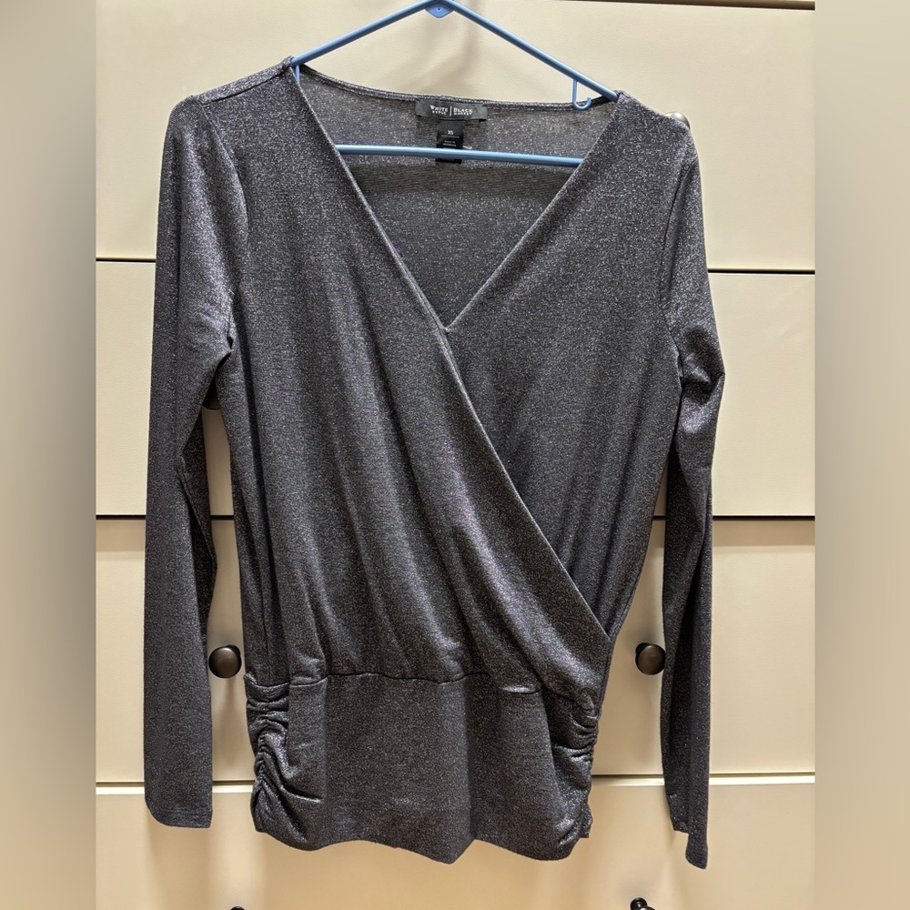 White House Black Market Metallic Charcoal Wrap-Front Long Sleeve Top